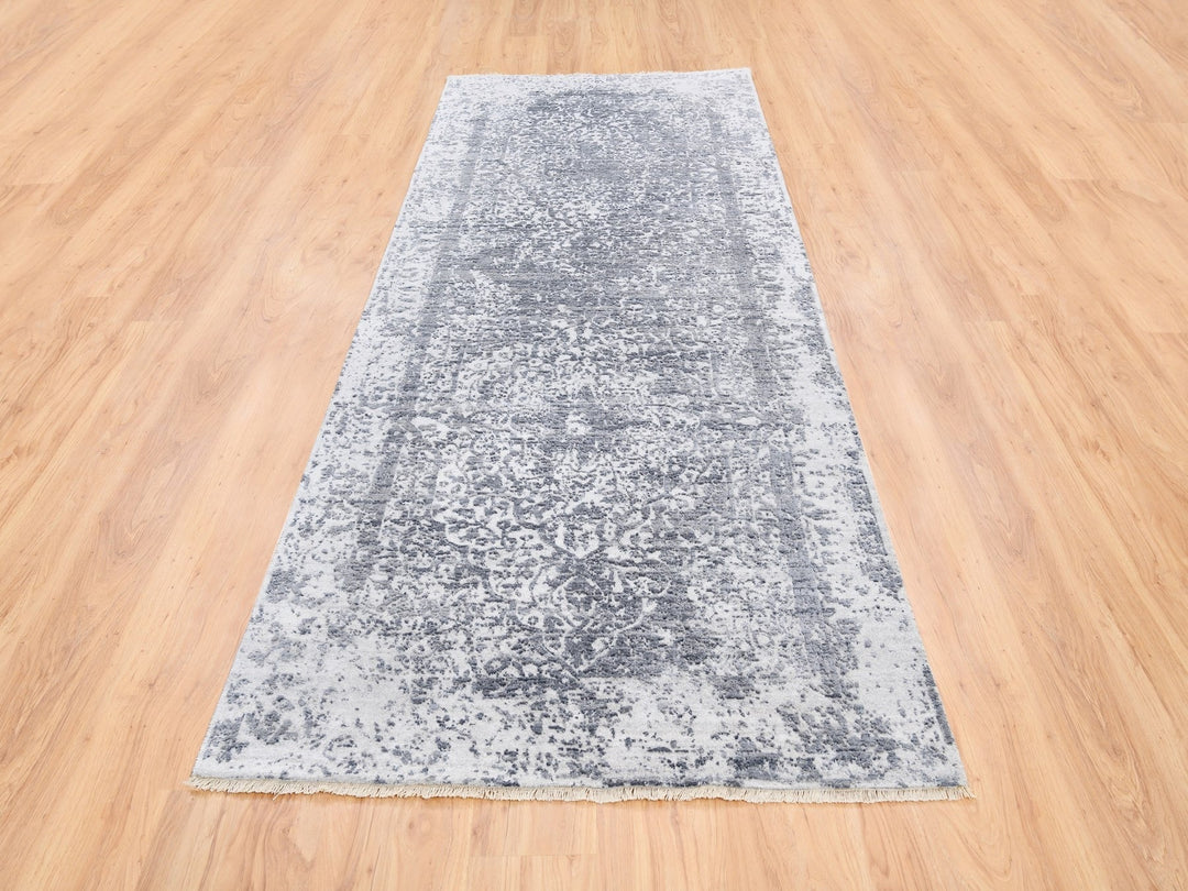 4'1" x 10'0" New Hand Knotted Grey Wool & Pure Silk Runner Oriental Rug - MOA10262355