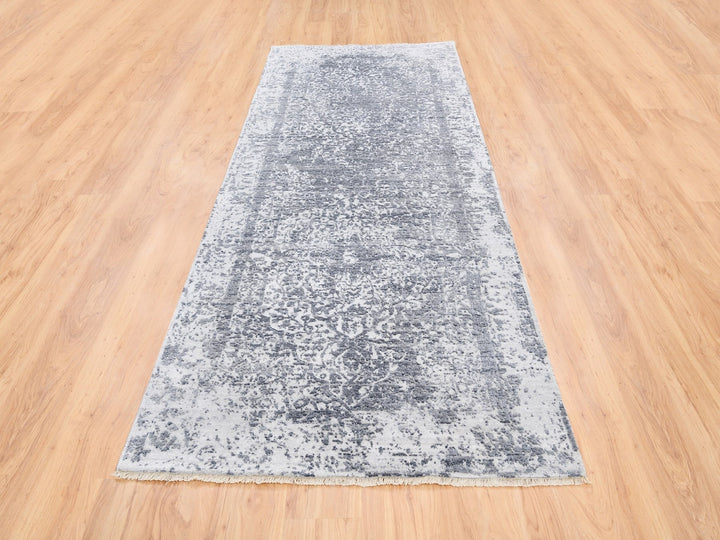 4'1" x 10'0" New Hand Knotted Grey Wool & Pure Silk Runner Oriental Rug - MOA10262355