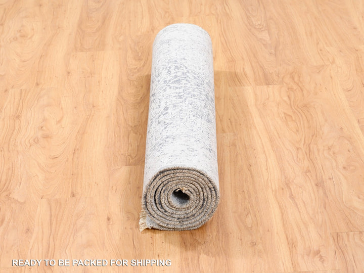 4'1" x 10'0" New Hand Knotted Grey Wool & Pure Silk Runner Oriental Rug - MOA10262355