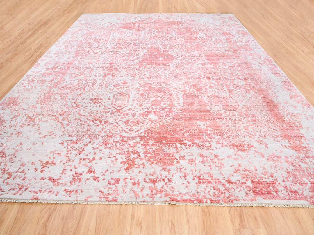 12'2" x 15'0" New Hand Knotted Pink Wool & Pure Silk Rectangle Oriental Rug - MOA10262356