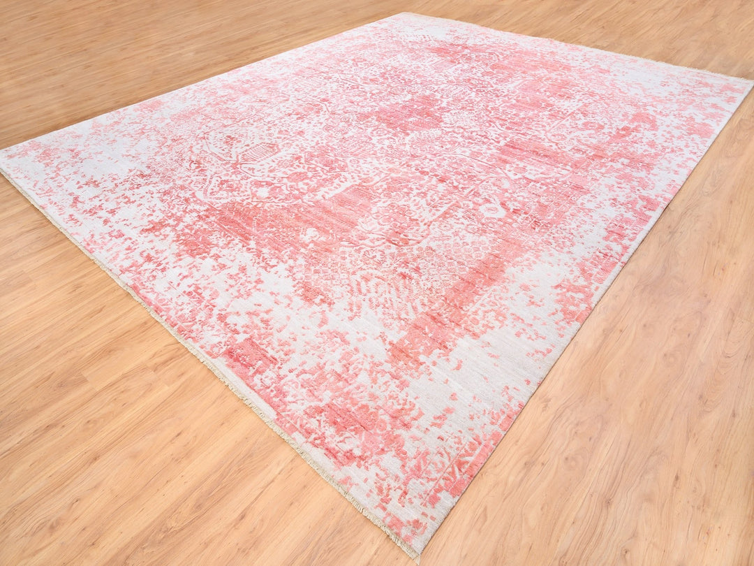 12'2" x 15'0" New Hand Knotted Pink Wool & Pure Silk Rectangle Oriental Rug - MOA10262356