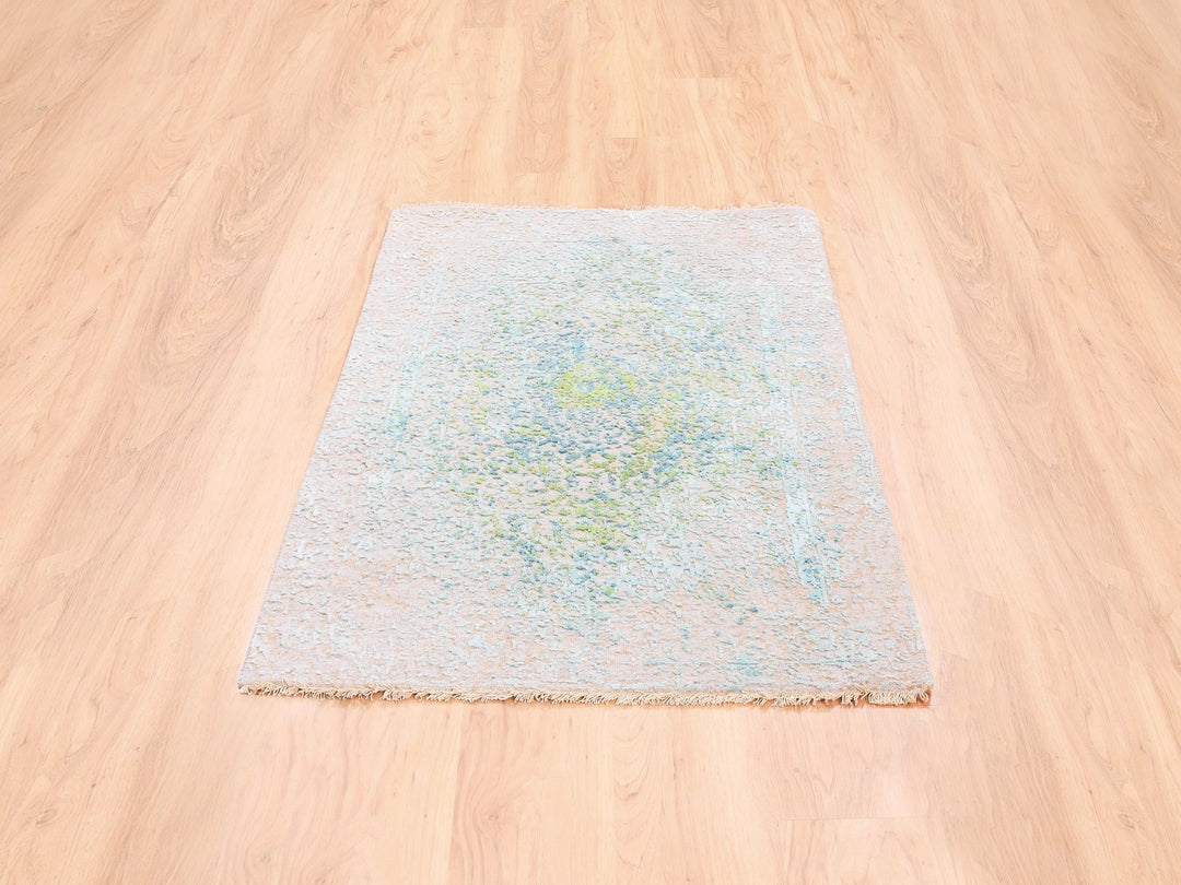 3'1" x 5'0" New Hand Knotted Ivory Wool & Pure Silk Rectangle Oriental Rug - MOA10262362