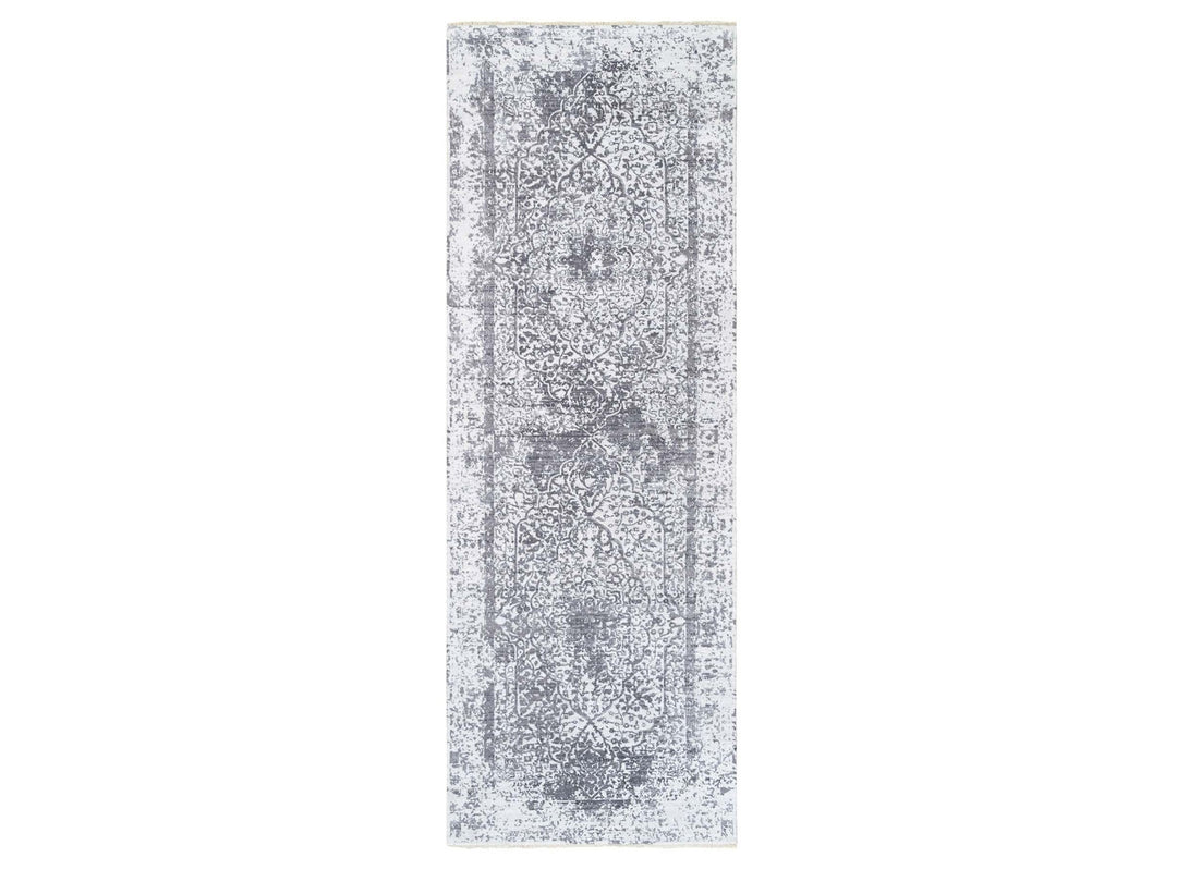4'1" x 12'1" New Hand Knotted Grey Wool & Pure Silk Runner Oriental Rug - MOA10262367