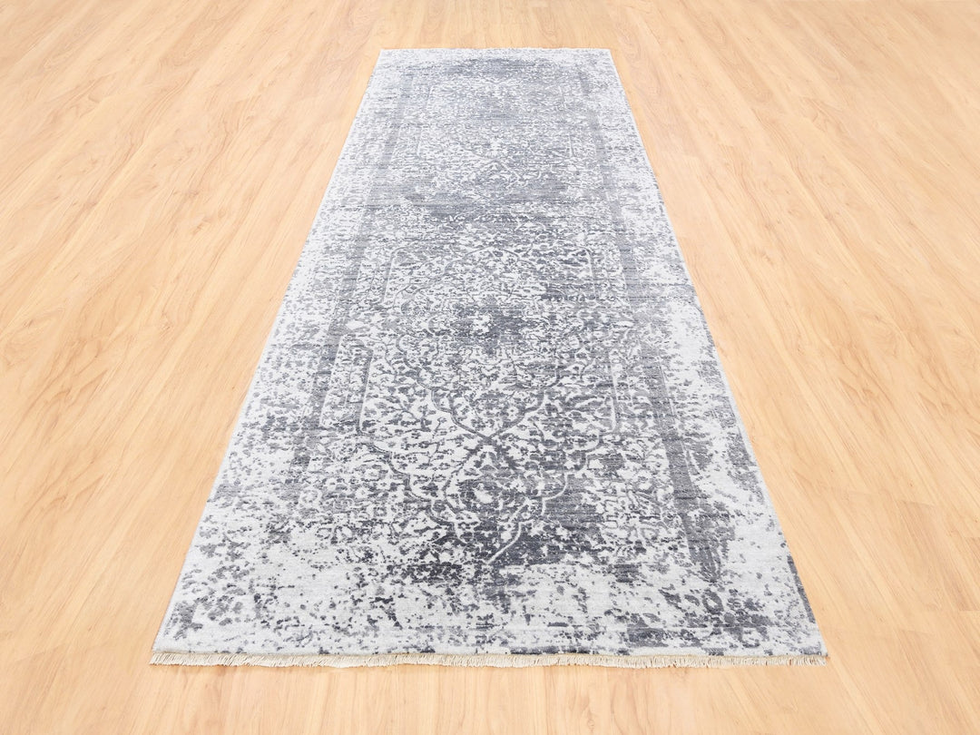 4'1" x 12'1" New Hand Knotted Grey Wool & Pure Silk Runner Oriental Rug - MOA10262367