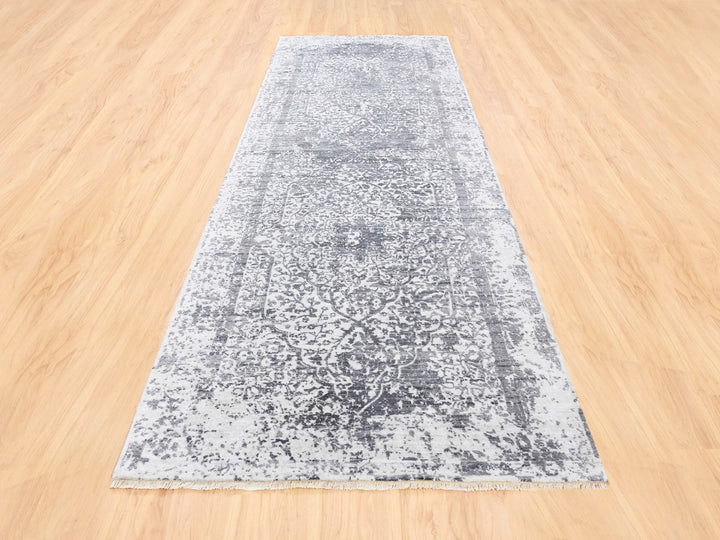 4'1" x 12'1" New Hand Knotted Grey Wool & Pure Silk Runner Oriental Rug - MOA10262367