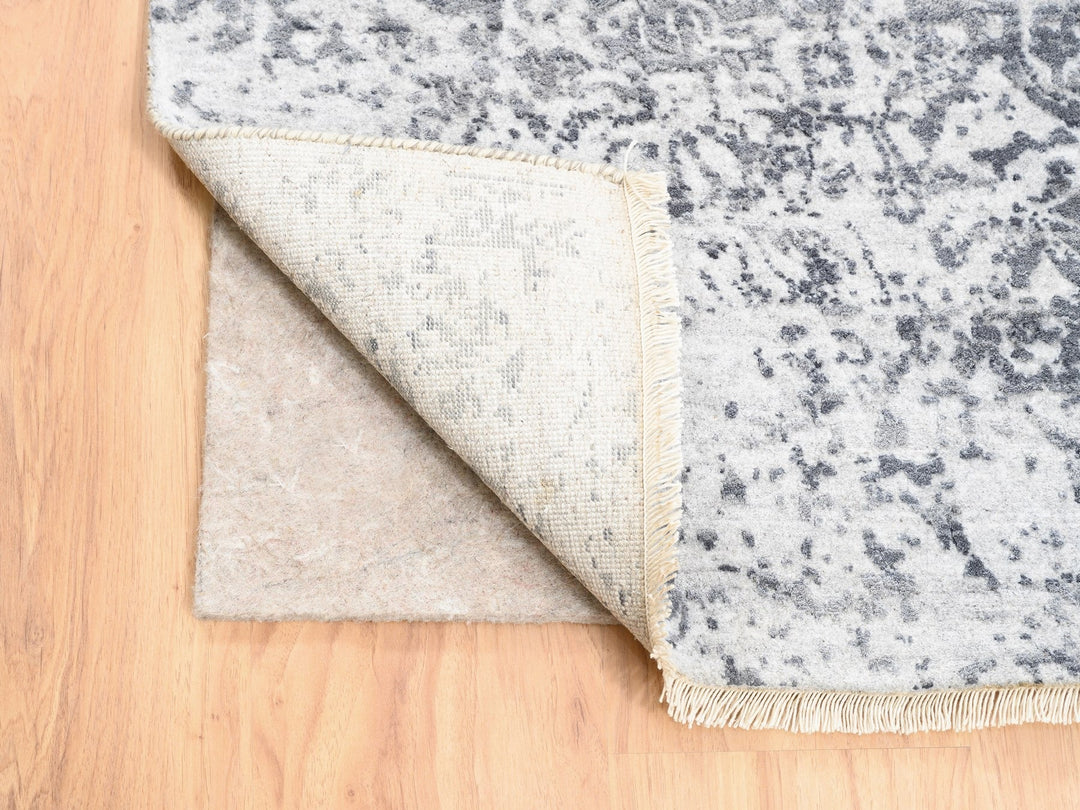 4'1" x 12'1" New Hand Knotted Grey Wool & Pure Silk Runner Oriental Rug - MOA10262367