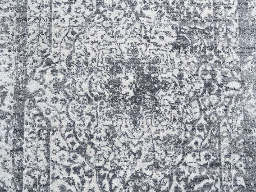 4'1" x 12'1" New Hand Knotted Grey Wool & Pure Silk Runner Oriental Rug - MOA10262367