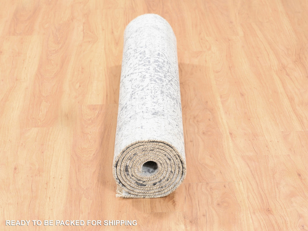 4'1" x 12'1" New Hand Knotted Grey Wool & Pure Silk Runner Oriental Rug - MOA10262367