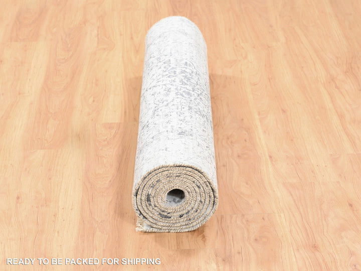 4'1" x 12'1" New Hand Knotted Grey Wool & Pure Silk Runner Oriental Rug - MOA10262367