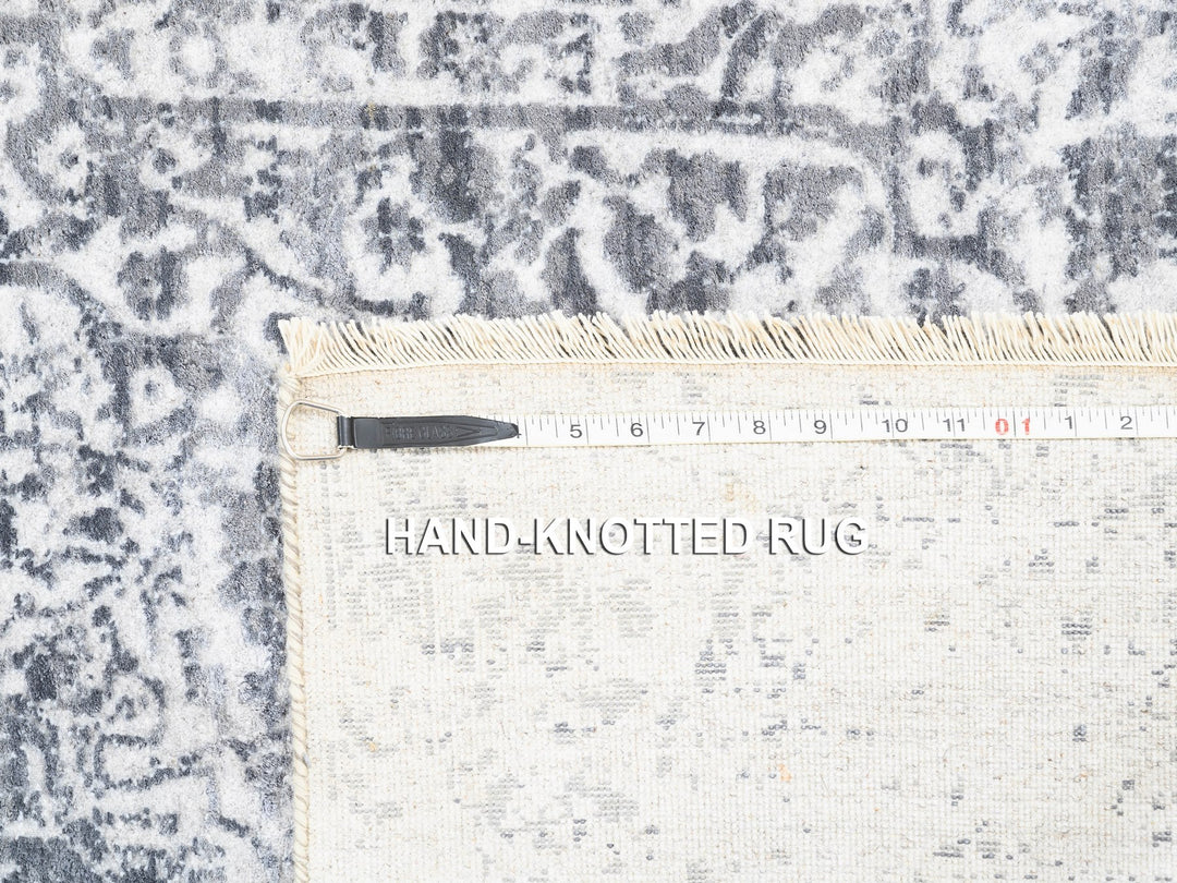 4'1" x 12'1" New Hand Knotted Grey Wool & Pure Silk Runner Oriental Rug - MOA10262367