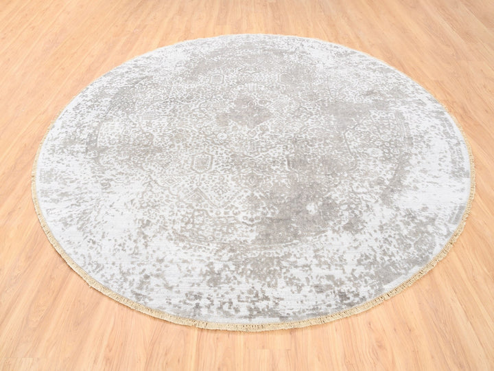 10'0" x 10'0" New Hand Knotted Grey Wool & Pure Silk Round Oriental Rug - MOA10262368