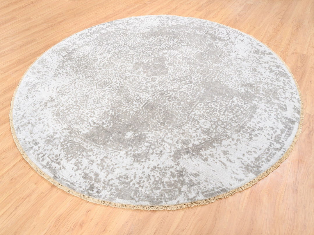 10'0" x 10'0" New Hand Knotted Grey Wool & Pure Silk Round Oriental Rug - MOA10262368