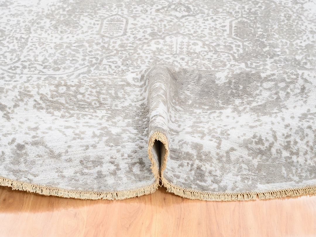 10'0" x 10'0" New Hand Knotted Grey Wool & Pure Silk Round Oriental Rug - MOA10262368