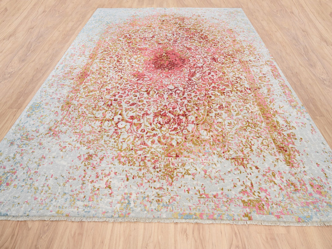 9'1" x 12'0" New Hand Knotted Pink Wool & Pure Silk Rectangle Oriental Rug - MOA10262373