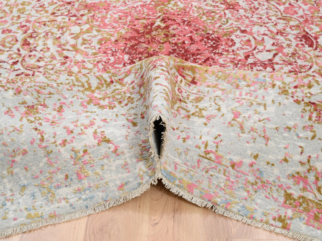 9'1" x 12'0" New Hand Knotted Pink Wool & Pure Silk Rectangle Oriental Rug - MOA10262373
