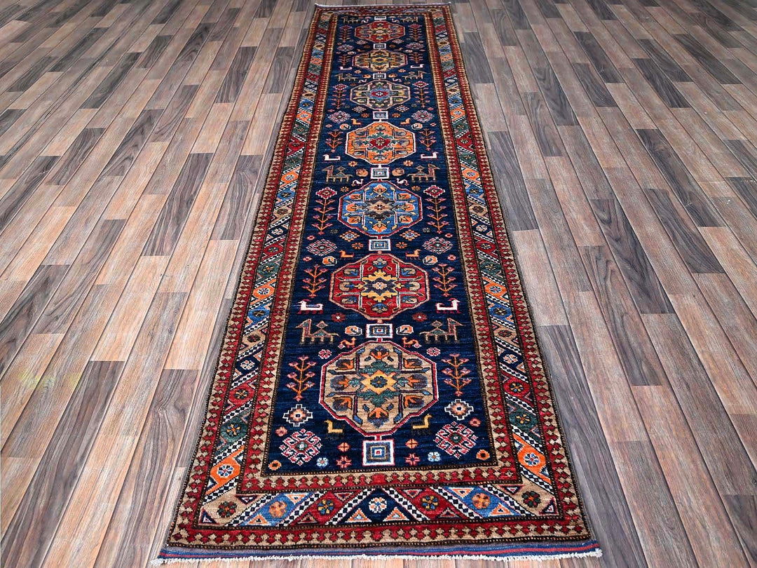 2'8" x 9'6" New Hand Knotted Blue Wool Runner Oriental Rug - MOA102623