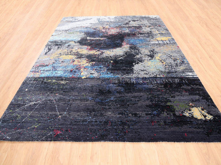 8'0" x 10'0" New Hand Knotted Black Wool & Silk Rectangle Oriental Rug - MOA10262407