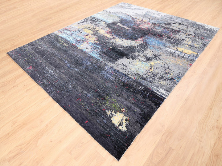 8'0" x 10'0" New Hand Knotted Black Wool & Silk Rectangle Oriental Rug - MOA10262407
