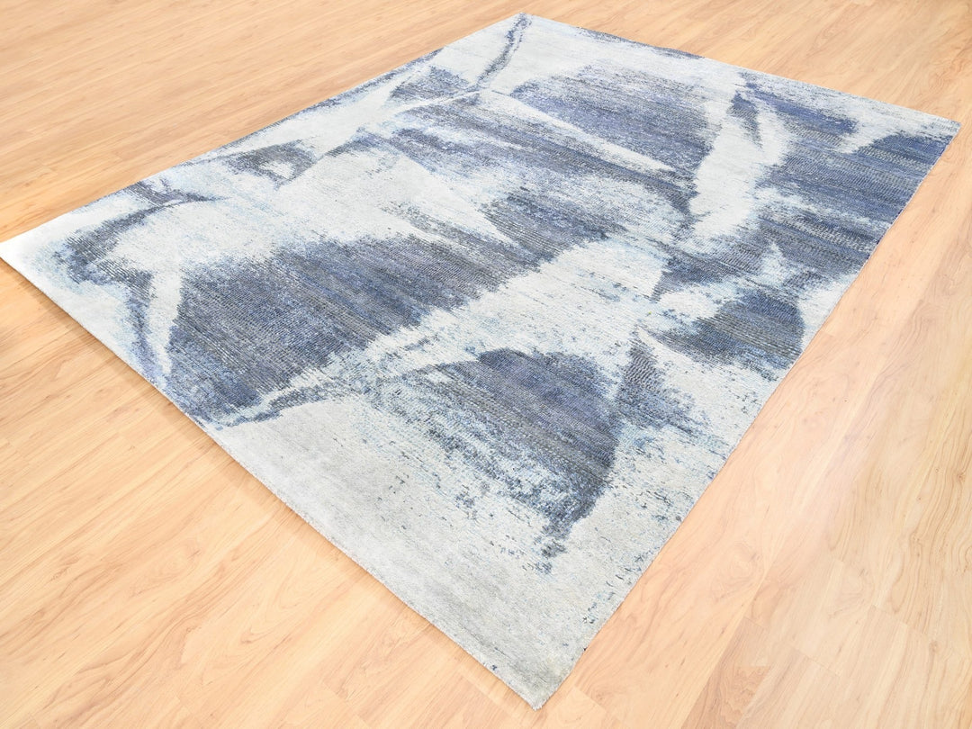 7'10" x 10'0" New Hand Knotted Blue Wool & Silk Rectangle Oriental Rug - MOA10262411