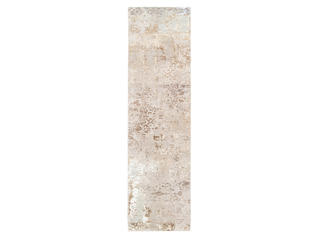 2'9" x 10'0" New Hand Knotted Beige Wool & Silk Runner Oriental Rug - MOA10262437