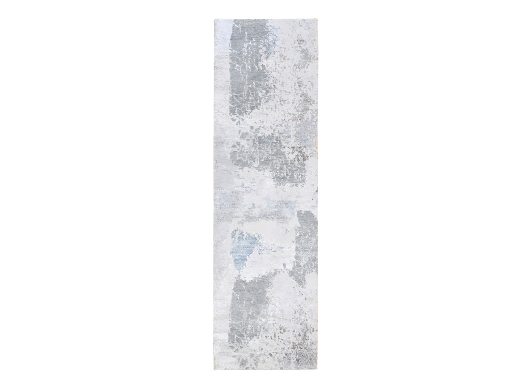 2'9" x 10'0" New Hand Knotted Grey Wool & Silk Runner Oriental Rug - MOA10262438