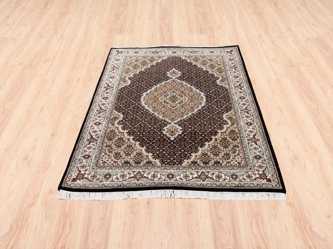 4'2" x 6'1" New Hand Knotted Black Wool & Silk Rectangle Oriental Rug - MOA10262569