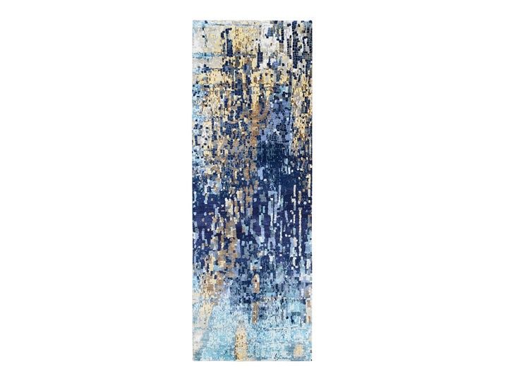 3'10" x 11'8" New Hand Knotted Blue Wool & Silk Runner Oriental Rug - MOA10262650
