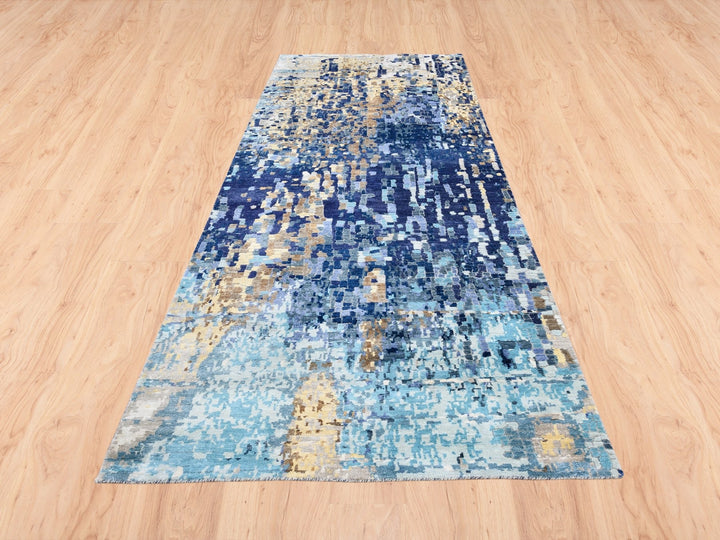 3'10" x 11'8" New Hand Knotted Blue Wool & Silk Runner Oriental Rug - MOA10262650