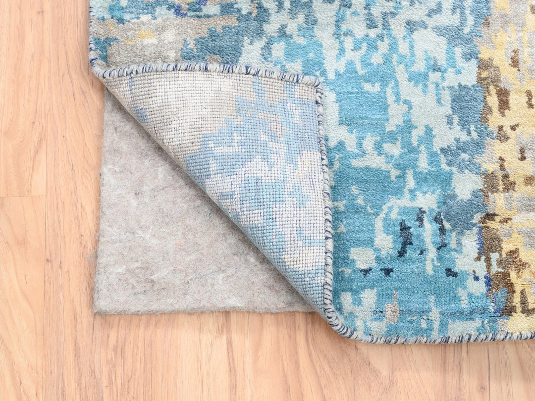 3'10" x 11'8" New Hand Knotted Blue Wool & Silk Runner Oriental Rug - MOA10262650