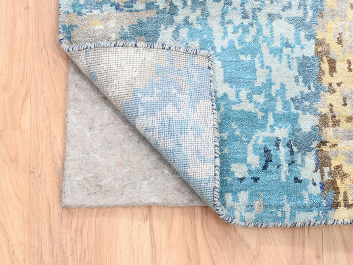 3'10" x 11'8" New Hand Knotted Blue Wool & Silk Runner Oriental Rug - MOA10262650