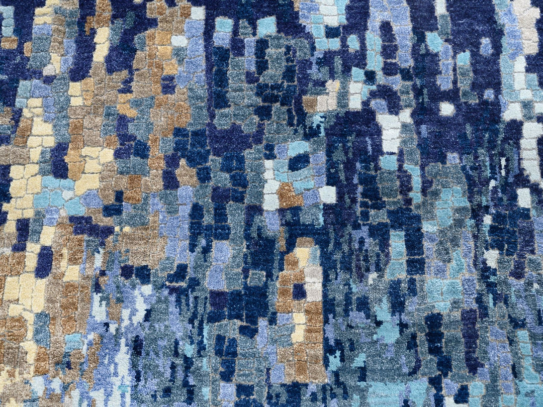 3'10" x 11'8" New Hand Knotted Blue Wool & Silk Runner Oriental Rug - MOA10262650