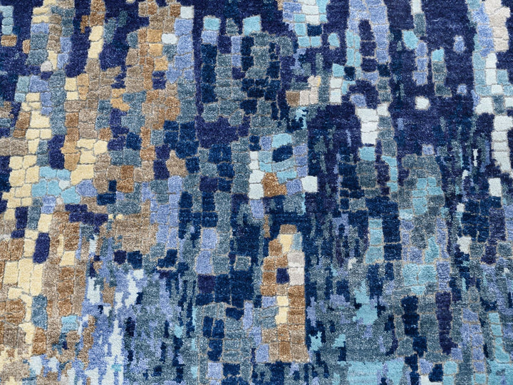 3'10" x 11'8" New Hand Knotted Blue Wool & Silk Runner Oriental Rug - MOA10262650