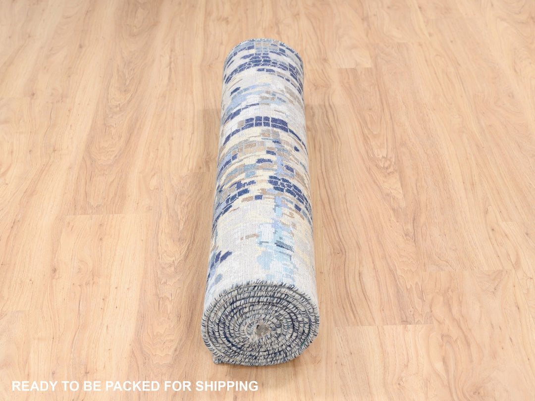 3'10" x 11'8" New Hand Knotted Blue Wool & Silk Runner Oriental Rug - MOA10262650