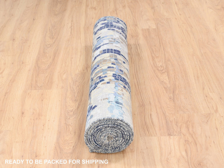3'10" x 11'8" New Hand Knotted Blue Wool & Silk Runner Oriental Rug - MOA10262650