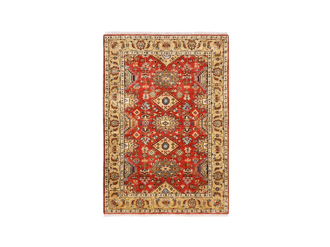 4'1" x 6'0" New Hand Knotted Red Wool Rectangle Oriental Rug - MOA10262651