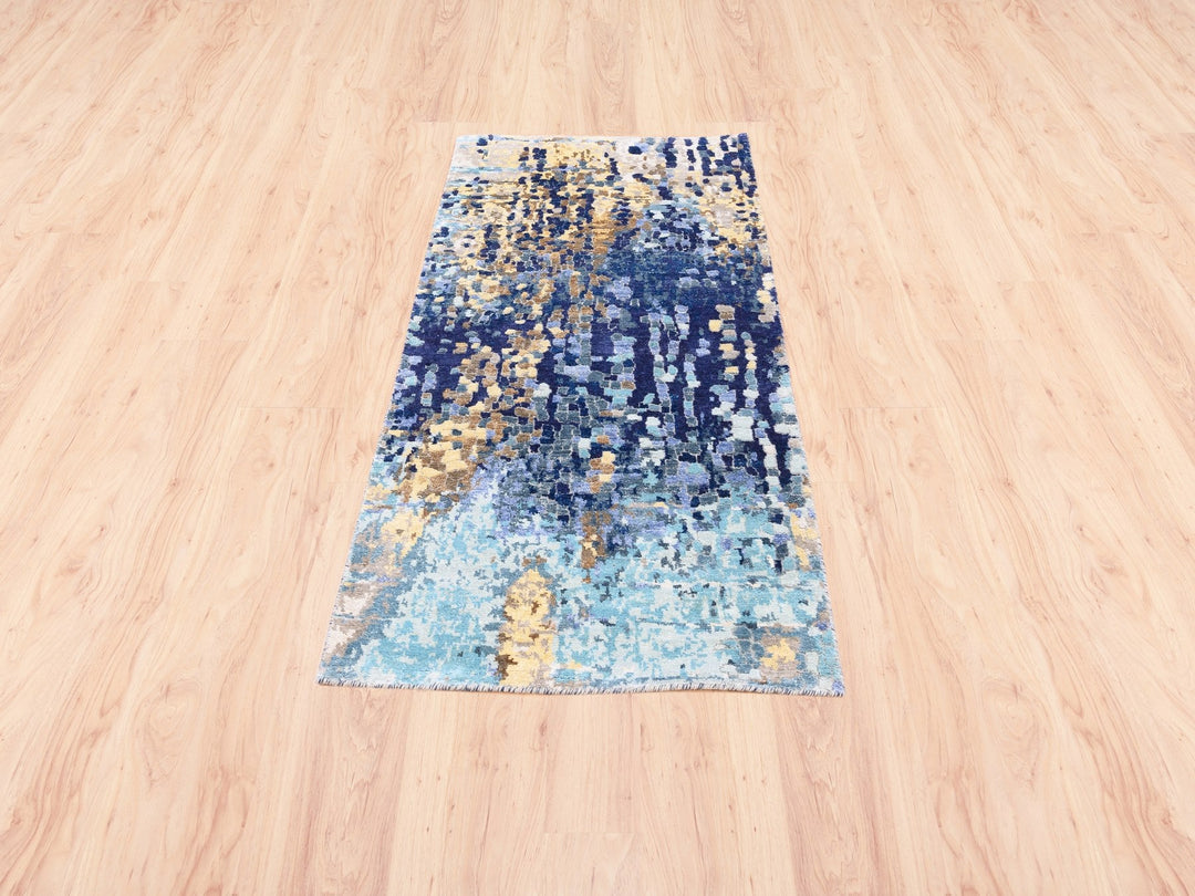 2'6" x 5'10" New Hand Knotted Blue Wool & Silk Runner Oriental Rug - MOA10262661