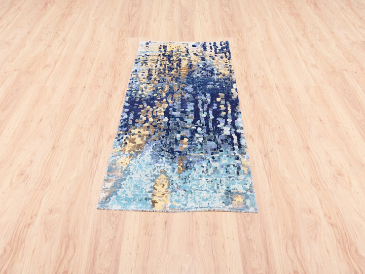 2'6" x 5'10" New Hand Knotted Blue Wool & Silk Runner Oriental Rug - MOA10262661
