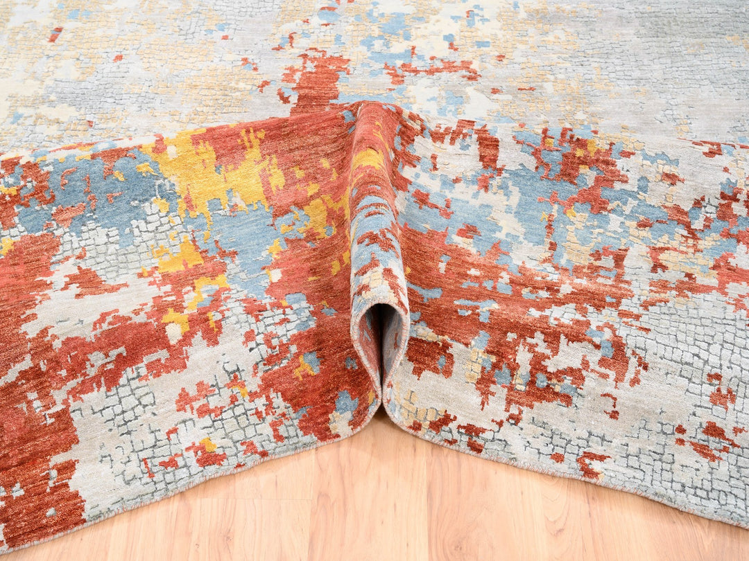 11'8" x 15'0" New Hand Knotted Orange Wool & Silk Rectangle Oriental Rug - MOA10262675