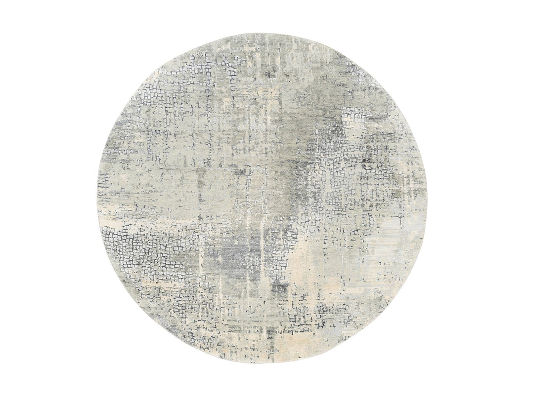 5'9" x 5'10" New Hand Knotted Grey Wool & Silk Round Oriental Rug - MOA10262682