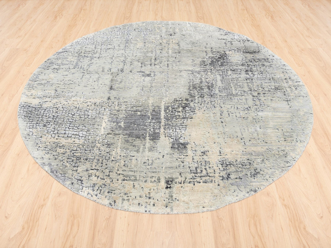 5'9" x 5'10" New Hand Knotted Grey Wool & Silk Round Oriental Rug - MOA10262682