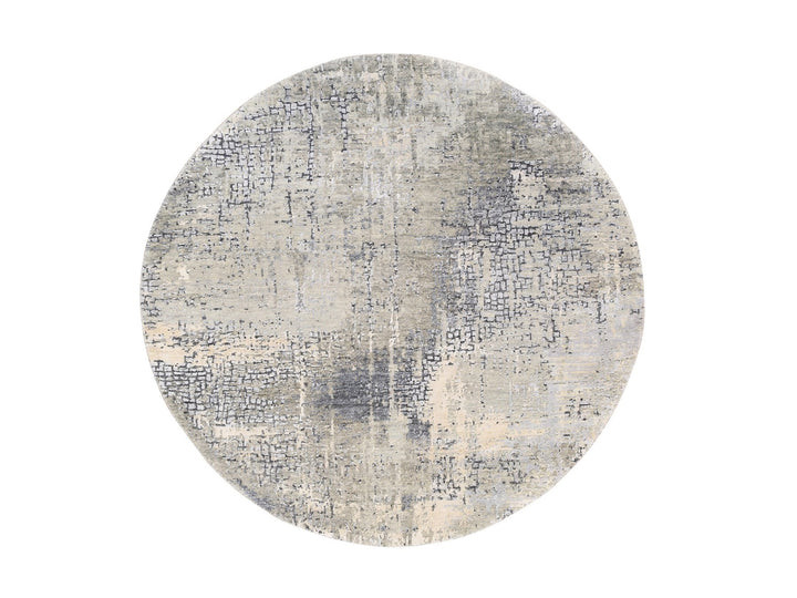 4'10" x 4'10" New Hand Knotted Grey Wool & Silk Round Oriental Rug - MOA10262683