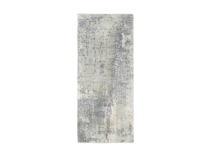 2'7" x 5'10" New Hand Knotted Grey Wool & Silk Runner Oriental Rug - MOA10262691