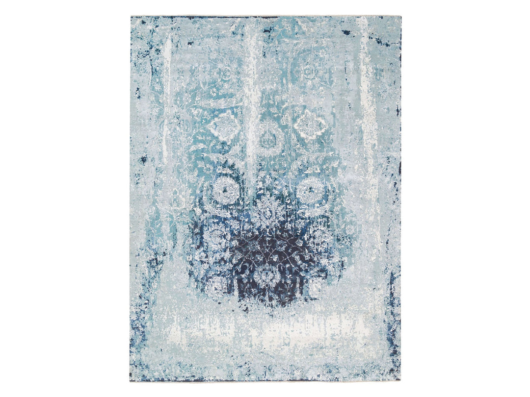 9'1" x 11'9" New Hand Knotted Blue Wool & Silk Rectangle Oriental Rug - MOA10262840