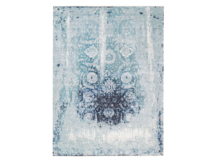 9'1" x 11'9" New Hand Knotted Blue Wool & Silk Rectangle Oriental Rug - MOA10262840