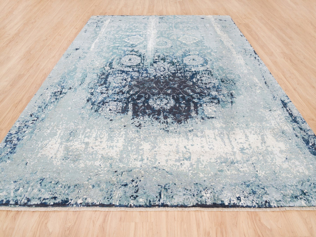 9'1" x 11'9" New Hand Knotted Blue Wool & Silk Rectangle Oriental Rug - MOA10262840