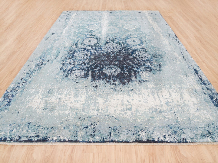 9'1" x 11'9" New Hand Knotted Blue Wool & Silk Rectangle Oriental Rug - MOA10262840