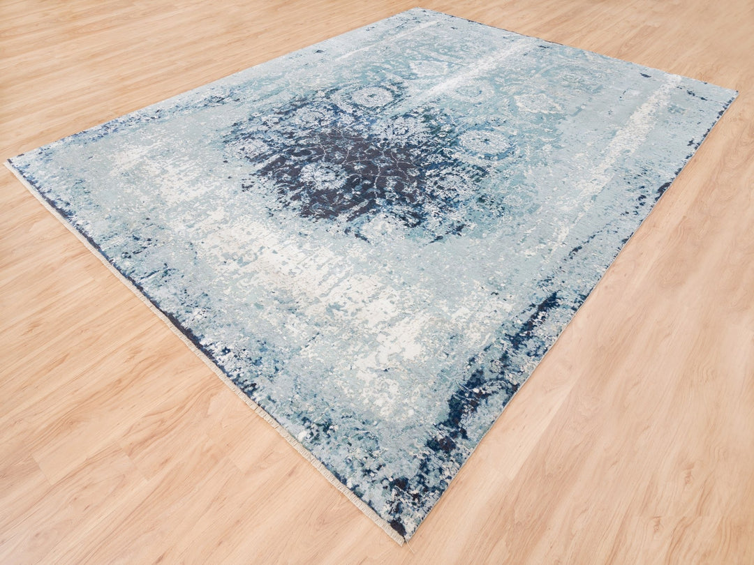 9'1" x 11'9" New Hand Knotted Blue Wool & Silk Rectangle Oriental Rug - MOA10262840