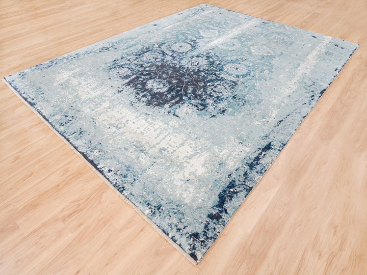 9'1" x 11'9" New Hand Knotted Blue Wool & Silk Rectangle Oriental Rug - MOA10262840