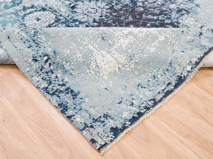 9'1" x 11'9" New Hand Knotted Blue Wool & Silk Rectangle Oriental Rug - MOA10262840