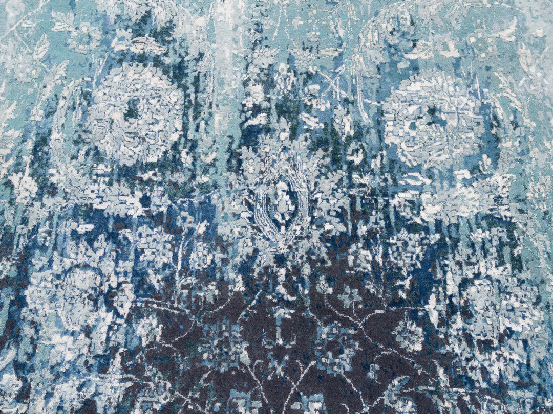 9'1" x 11'9" New Hand Knotted Blue Wool & Silk Rectangle Oriental Rug - MOA10262840